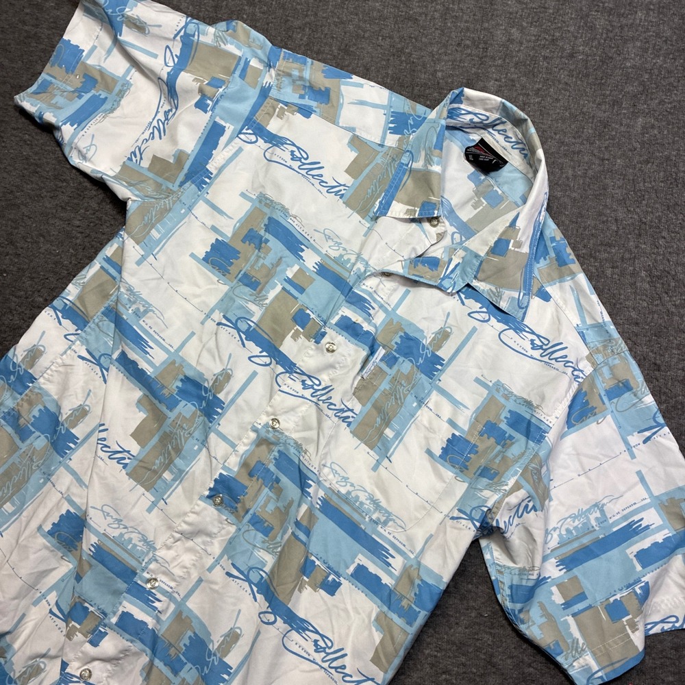 FUBU Button Up Shirt Mens XL Blue Abstract Graphic Short Sleeve Tropical Beach